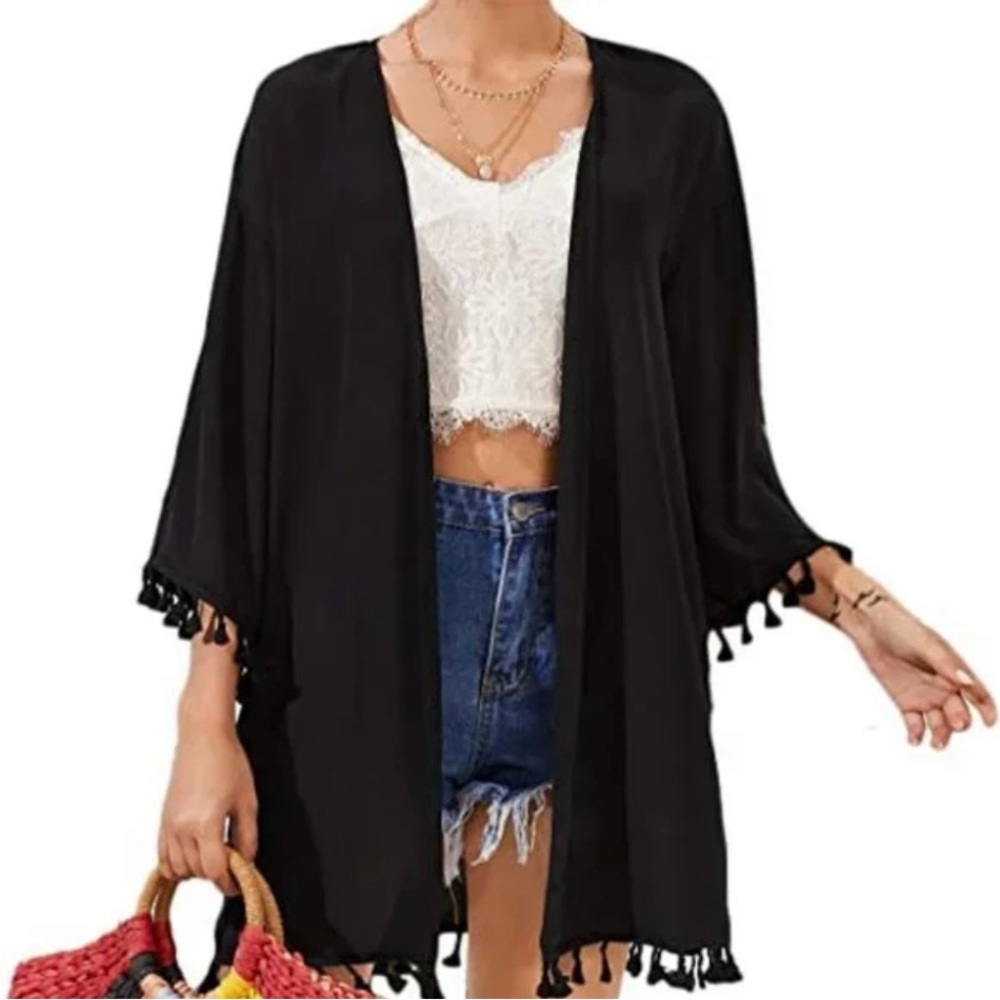 H&M Black Pom Pom Kimono EUC Embroidered Swim Coverup 100% Viscose Duster